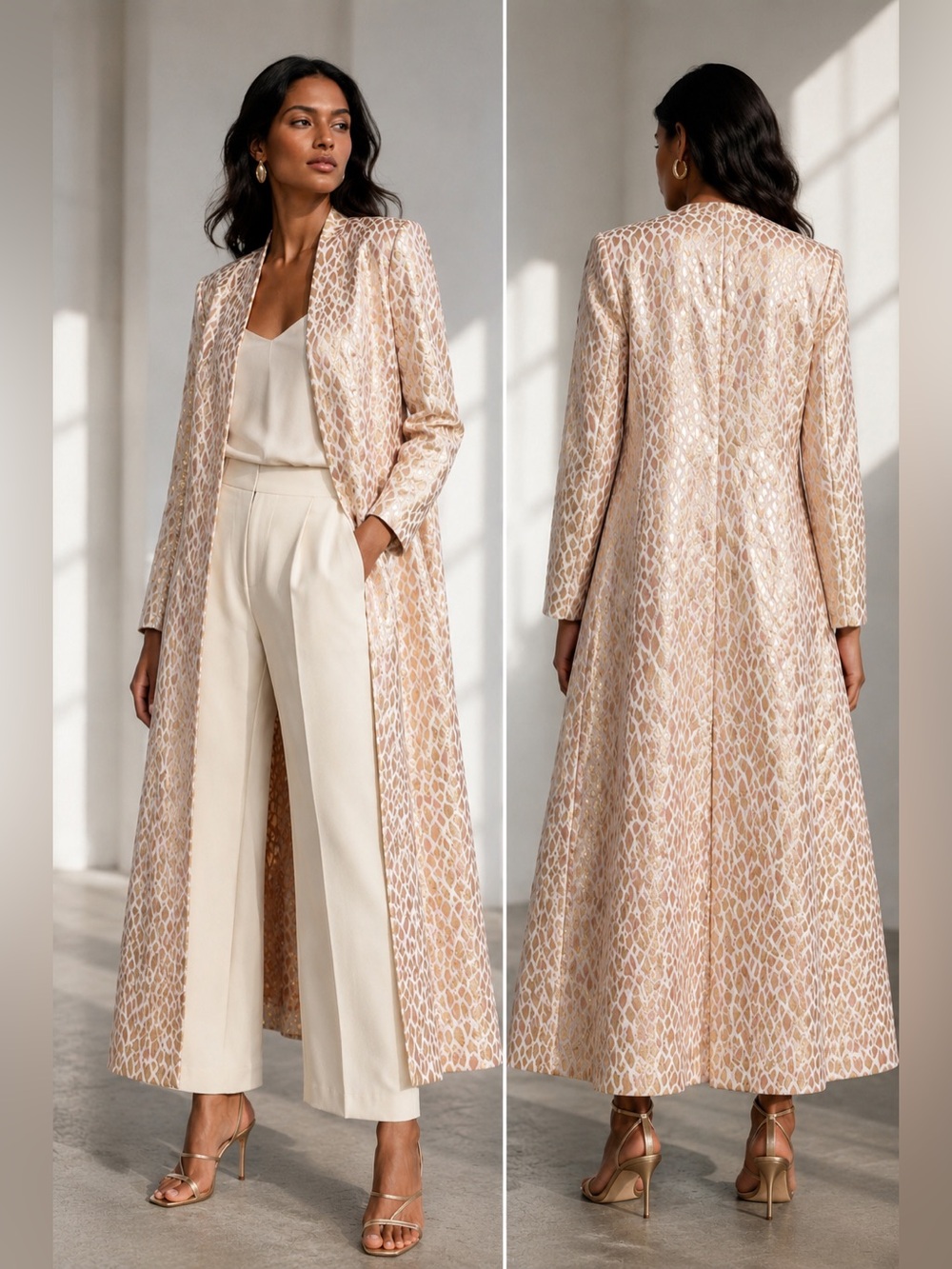 ASHRO Blush Pink Metallic Gold Jacquard Long Duster Jacket Coat Size 16